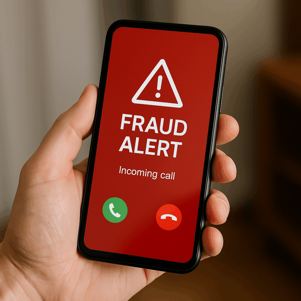 Smartphone mostrando alerta de fraude en llamada entrante – plan contra estafas telefónicas